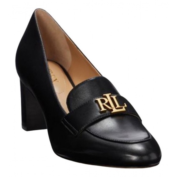 Ralph Lauren monogram pumps gold RL logo hardware calf leather block heel loafer